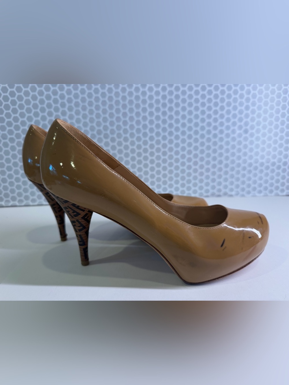 Fendi Patent Camel Pumps with Signature Patterned Heel